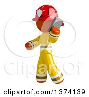 Orange Man Firefighter Talking On A Smart Phone On A White Background