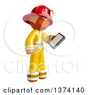 Poster, Art Print Of Orange Man Firefighter Looking At A Smart Phone On A White Background