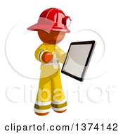 Orange Man Firefighter Using A Tablet Computer On A White Background