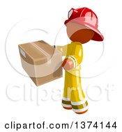 Poster, Art Print Of Orange Man Firefighter Holding A Box On A White Background