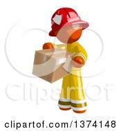 Poster, Art Print Of Orange Man Firefighter Holding A Box On A White Background