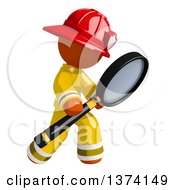 Poster, Art Print Of Orange Man Firefighter Searching With A Magnifying Glass On A White Background