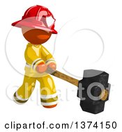 Orange Man Firefighter Swinging A Sledgehammer On A White Background