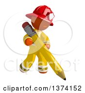 Orange Man Firefighter Writing With A Pencil On A White Background