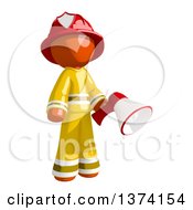 Poster, Art Print Of Orange Man Firefighter Holding A Megaphone On A White Background
