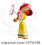 Poster, Art Print Of Orange Man Firefighter Announcing With A Megaphone On A White Background
