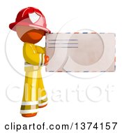 Orange Man Firefighter Holding An Envelope On A White Background