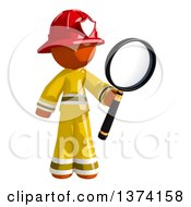 Orange Man Firefighter Searching With A Magnifying Glass On A White Background