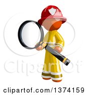 Orange Man Firefighter Searching With A Magnifying Glass On A White Background