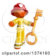 Poster, Art Print Of Orange Man Firefighter Holding A Key On A White Background
