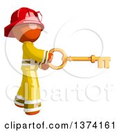 Poster, Art Print Of Orange Man Firefighter Using A Key On A White Background