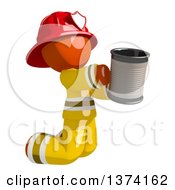 Orange Man Firefighter Beggar Kneeling And Holding A Can On A White Background