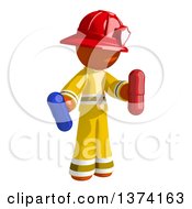 Orange Man Firefighter Holding Pill Capsules On A White Background
