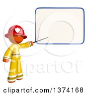 Poster, Art Print Of Orange Man Firefighter Pointing To A White Board On A White Background