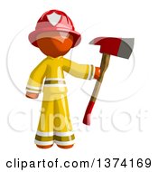 Poster, Art Print Of Orange Man Firefighter Holding An Axe On A White Background