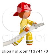 Orange Man Firefighter Using A Hose On A White Background