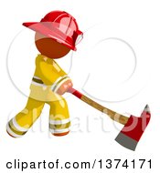 Poster, Art Print Of Orange Man Firefighter Swinging An Axe On A White Background
