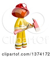 Poster, Art Print Of Orange Man Firefighter Holding An Axe On A White Background