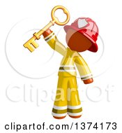 Poster, Art Print Of Orange Man Firefighter Holding Up A Key On A White Background