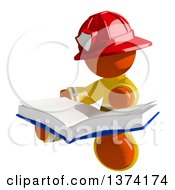 Orange Man Firefighter Reading A Book On A White Background