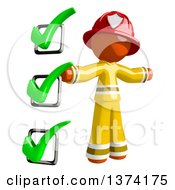 Poster, Art Print Of Orange Man Firefighter By A Checklist On A White Background