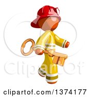 Poster, Art Print Of Orange Man Firefighter Carrying A Key On A White Background