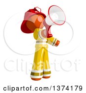 Orange Man Firefighter Announcing With A Megaphone On A White Background