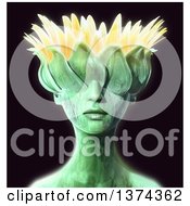 Poster, Art Print Of 3d Green Organic Woman With A Flower Head On A Black Background