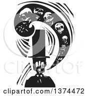 Clipart Of A Black And White Woodcut Man In A Top Hat With A Swirl Of Skulls Symbolizing Death Royalty Free Vector Illustration