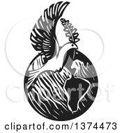 Poster, Art Print Of Black And White Woodcut Peace Dove Flying Over Earth With A Branch