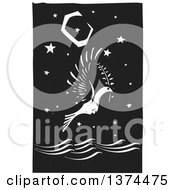 Poster, Art Print Of Black And White Woodcut Peace Dove Flying With A Branch Over The Ocean At Night