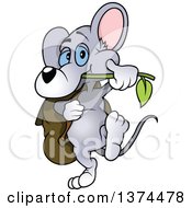 Poster, Art Print Of Cute Blue Eyed Gray Mouse Chewing On A Branch And Carrying A Bag