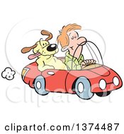 Poster, Art Print Of Red Haired White Man Cruising In His Red Convertible Car With A Dog In The Passenger Seat