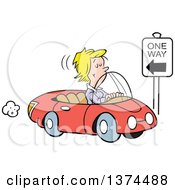 Blond White Woman Driving The Wrong Direction Down A One Way Street In Her Red Convertible Car