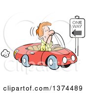 Poster, Art Print Of Red Haired White Man Driving The Wrong Direction Down A One Way Street In His Red Convertible Car