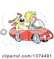 Poster, Art Print Of Blond White Woman Cruising In Her Red Convertible Car With A Dog In The Passenger Seat