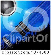 Poster, Art Print Of Background Of 3d Electric Guitar Strings A Music Speaker And Silhouetted Concert Crowd Over Blue With Flares