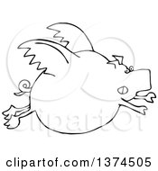 Clipart Of A Black And White Cartoon Chubby Pig Flying Royalty Free Vector Illustration