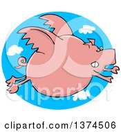 Clipart Of A Cartoon Chubby Pink Pig Flying Over A Sky Oval Royalty Free Vector Illustration