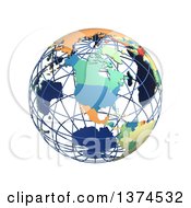 Poster, Art Print Of 3d Political Wire Globe With Colored And Extruded Countries Centered On North America On A White Background