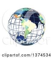 Poster, Art Print Of 3d Political Wire Globe With Colored And Extruded Countries Centered On South America On A White Background