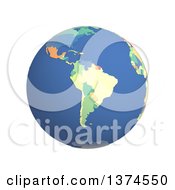 Poster, Art Print Of 3d Political Globe With Colored And Extruded Countries Centered On The South America On A White Background