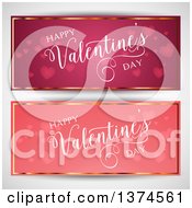 Poster, Art Print Of Happy Valentines Day Banners With Hearts And Gold Borders Over Shading