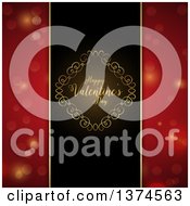 Clipart Of A Happy Valentines Day Greeting In A Golden Swirl Diamond Frame Over A Black Panel Against Red With Flares Royalty Free Vector Illustration