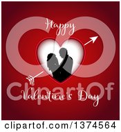Clipart Of A Silhouetted Couple Embracing In A Heart Frame With Cupids Arrow On Red With Happy Valentines Day Text Royalty Free Vector Illustration