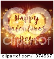 Clipart Of A Happy Valentines Day Greeting Over A Gold Heart With Bursting Lights And Flares Royalty Free Vector Illustration