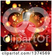 3d Red Floral Bottle Of Romantic Perfume Over Hearts And Bokeh Flares