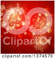Clipart Of A Happy Valentines Day Greeting Over Red With Bokeh Flares Hearts And Stars Royalty Free Vector Illustration