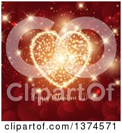 Poster, Art Print Of Happy Valentines Day Greeting With A Gold Sparkle Firework Heart Over Red Bokeh Flares