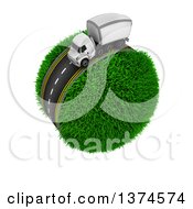 Poster, Art Print Of 3d Highway With A Big Rig Truck Around A Grassy Planet On White